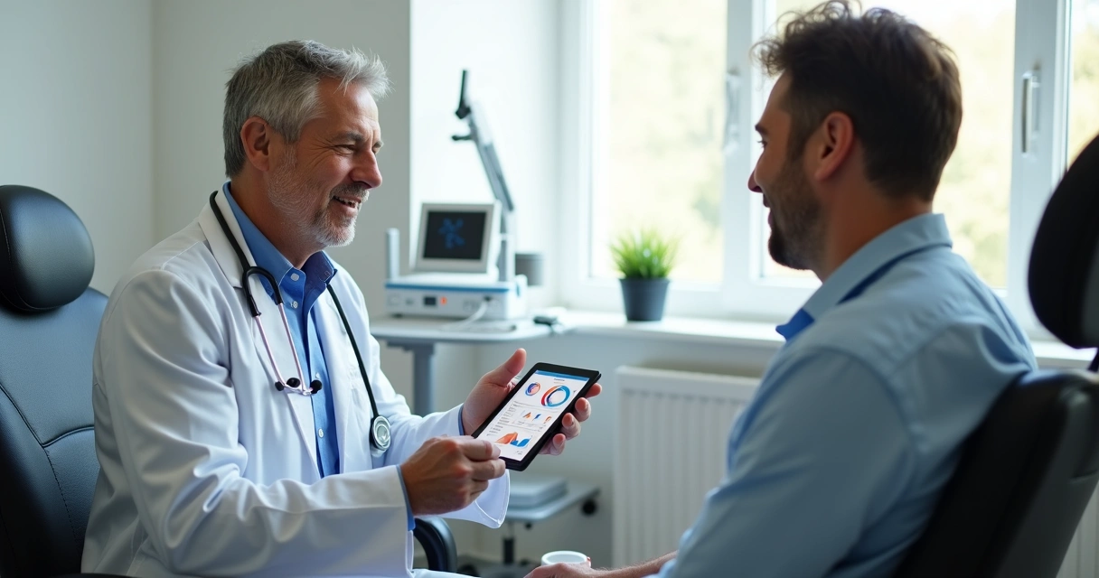 Consulta entre andrologista e paciente analisando resultados da harmonização peniana 