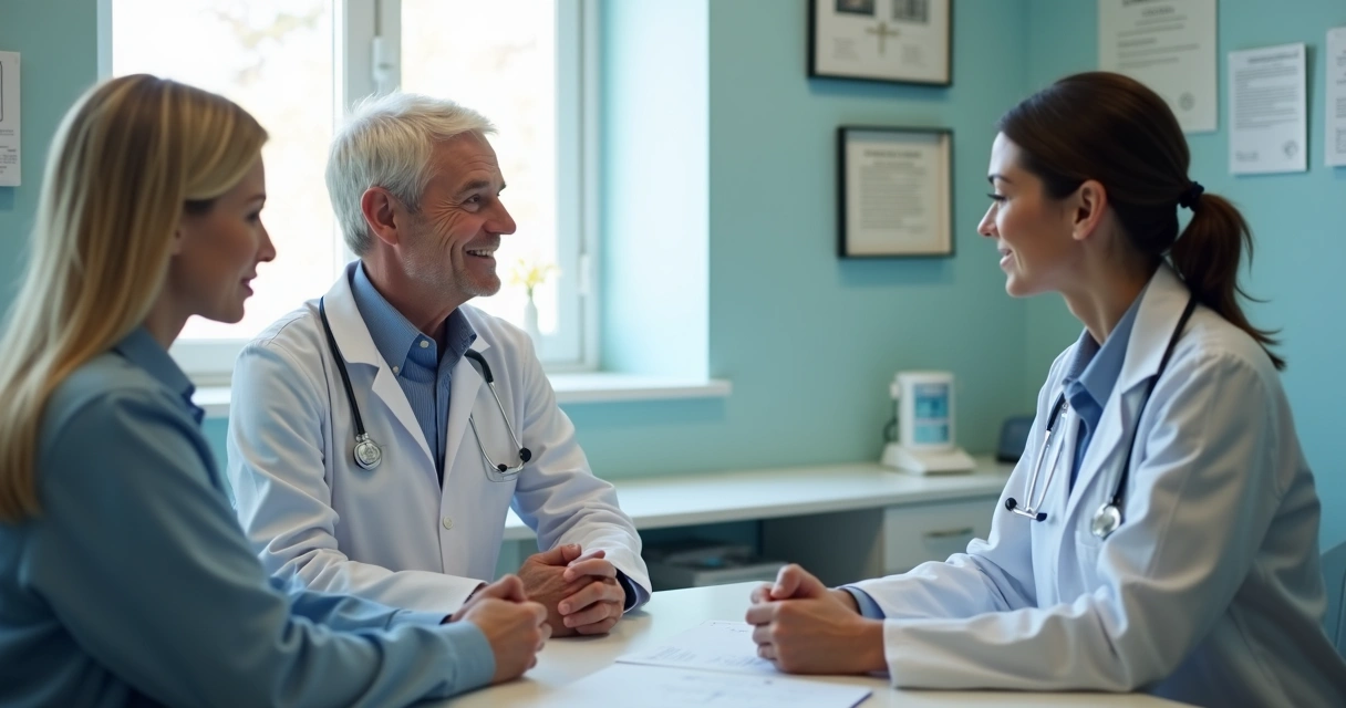 Homem e mulher conversando com médico andrologista 