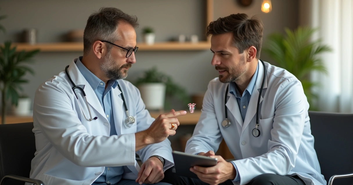 Homem conversando com médico em consultório moderno 