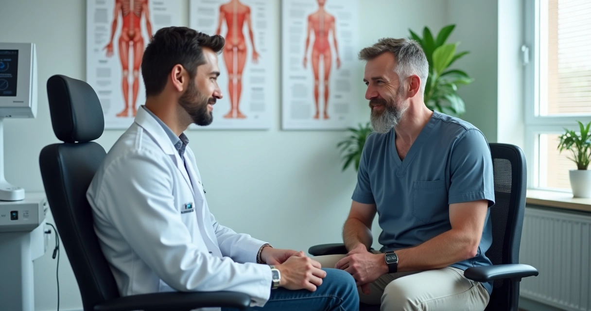 Andrologista conversa com paciente em clínica, ambos sentados e sorrindo, com equipamentos médicos ao fundo 