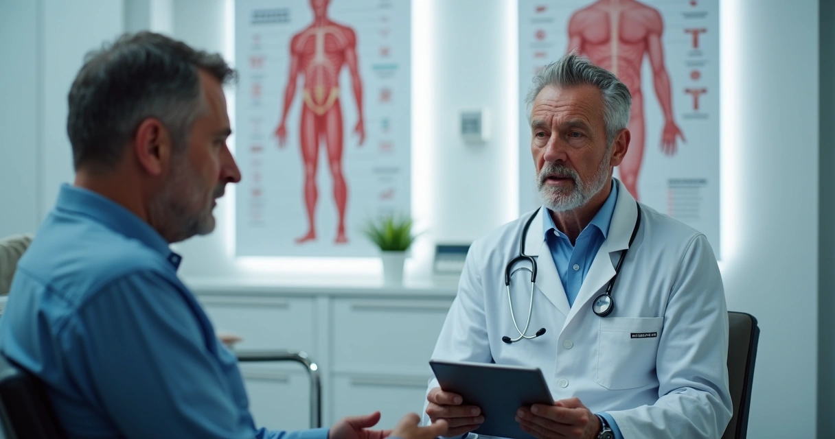 Consulta médica entre paciente do sexo masculino e andrologista em consultório