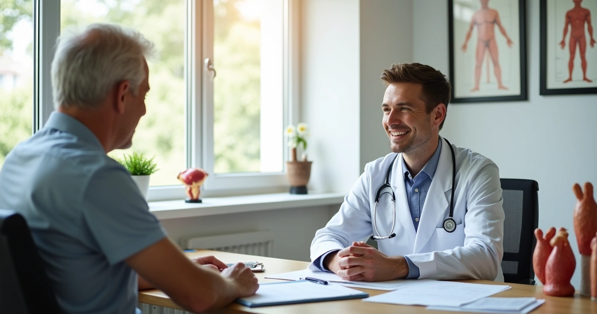 Paciente sentado em consultório médico, em conversa com andrologista 