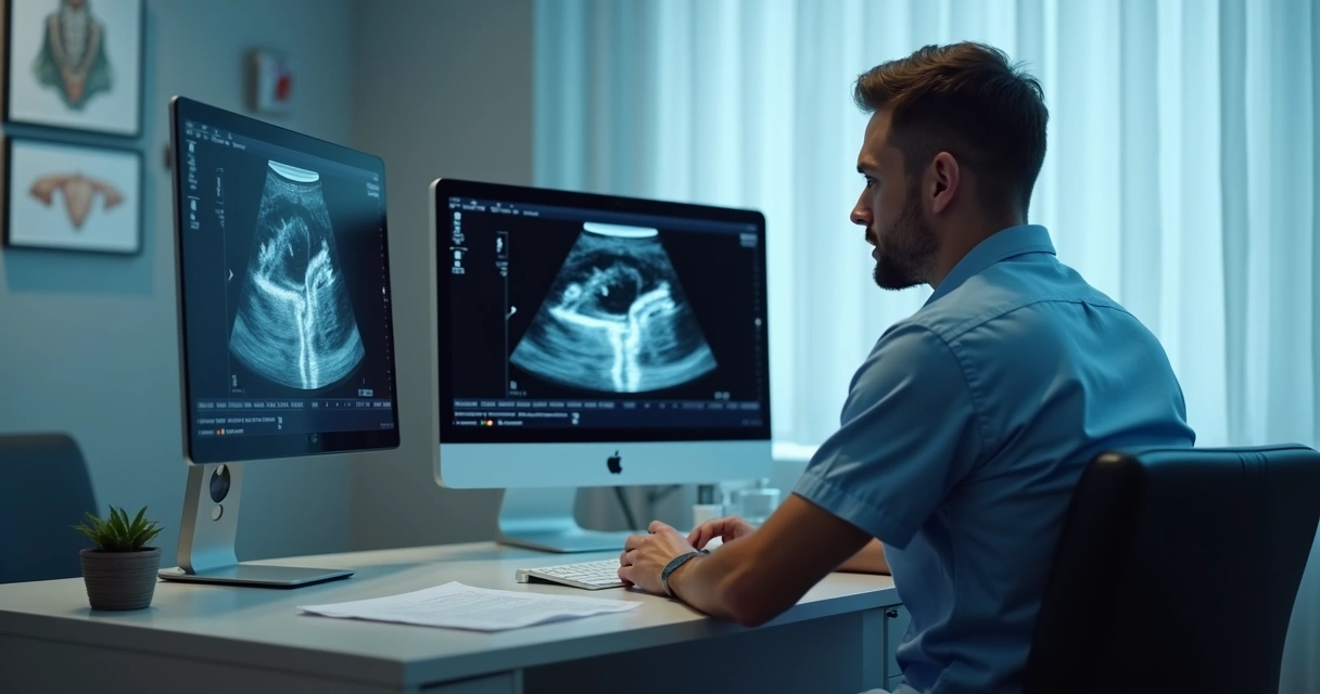 Homem em consulta médica com andrologista, analisando ultrassom peniano 