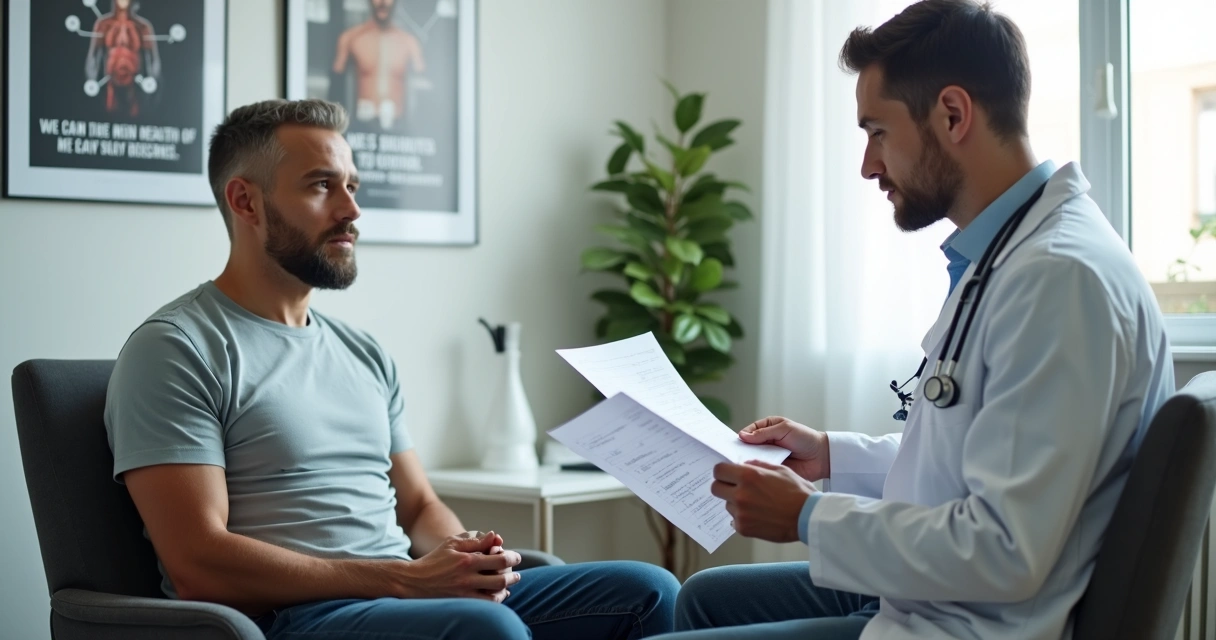 Homem em consulta médica com andrologista, discutindo exames em ambiente moderno e acolhedor