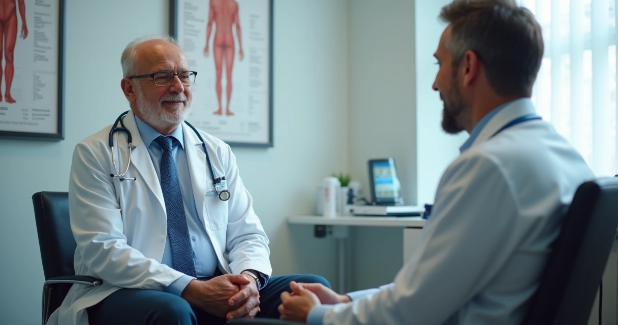 Homem conversando com médico andrologista em consultório