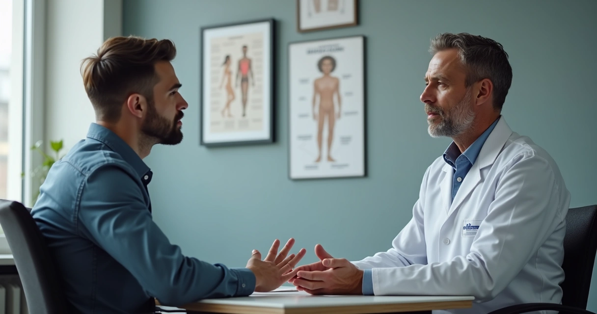Paciente homem conversando com andrologista especializado 
