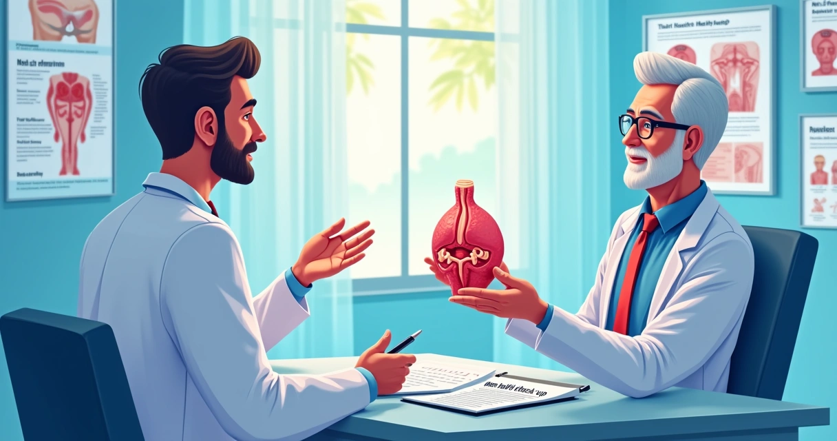Homem conversando com andrologista em um consultório moderno, focando em saúde masculina e autocuidado.