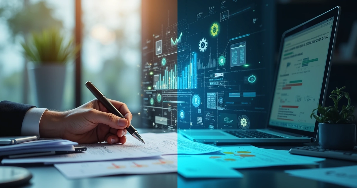 Computador com tela dividida mostrando consulta manual e API em compliance fiscal, gráficos e dados fiscais em fundo moderno 