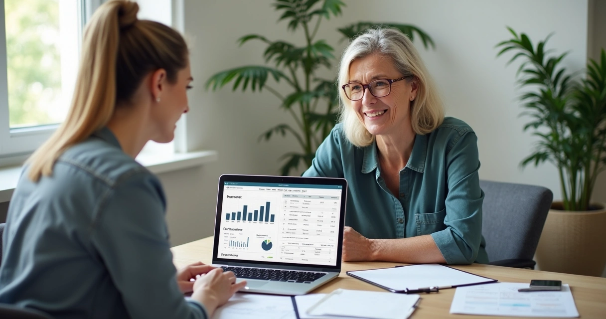 Mulher sorrindo com consultora financeira analisando plano de aposentadoria