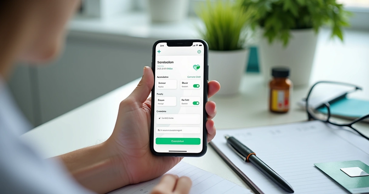 Celular com agendamento de consulta e itens de saúde ao lado 