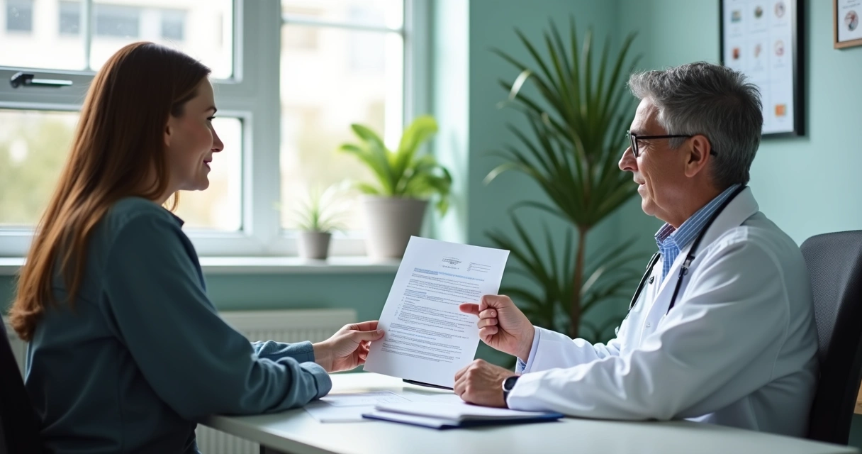 Consulta médica com paciente assinando contrato em consultório 
