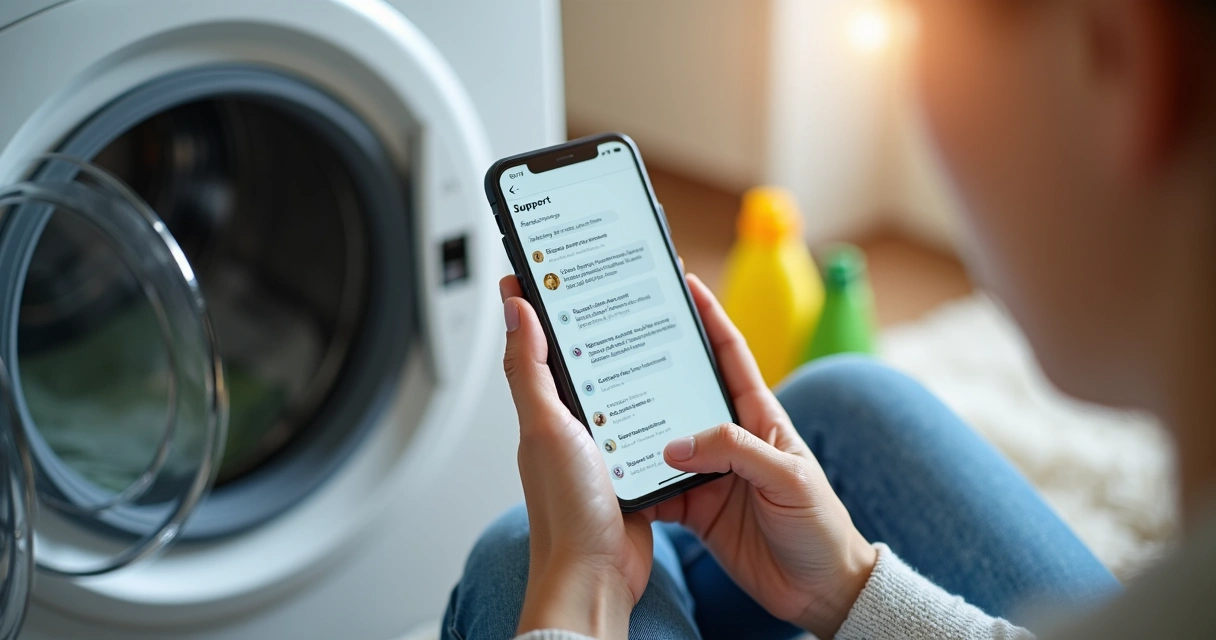 Pessoa usando celular próximo à máquina de lavar roupas, consultando assistência técnica pelo aplicativo. 