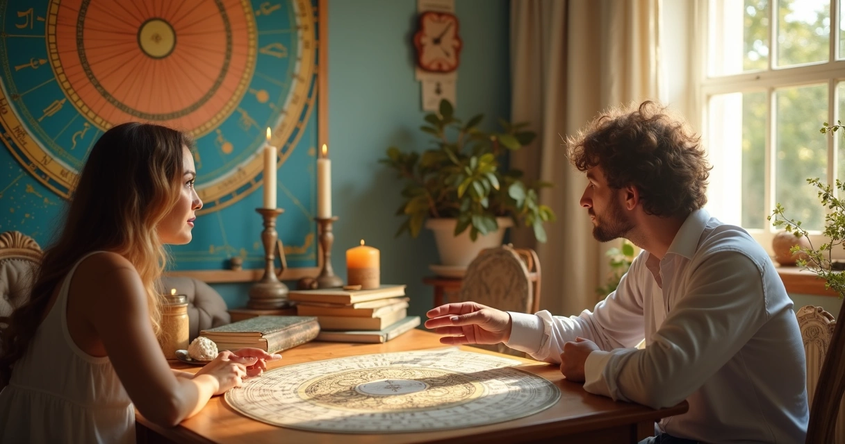 Consulta de astrologia com astróloga analisando mapa com cliente 