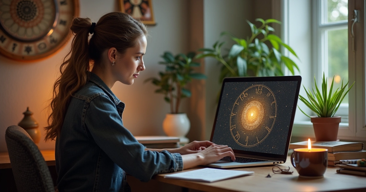 Mulher analisando mapa astral no notebook 