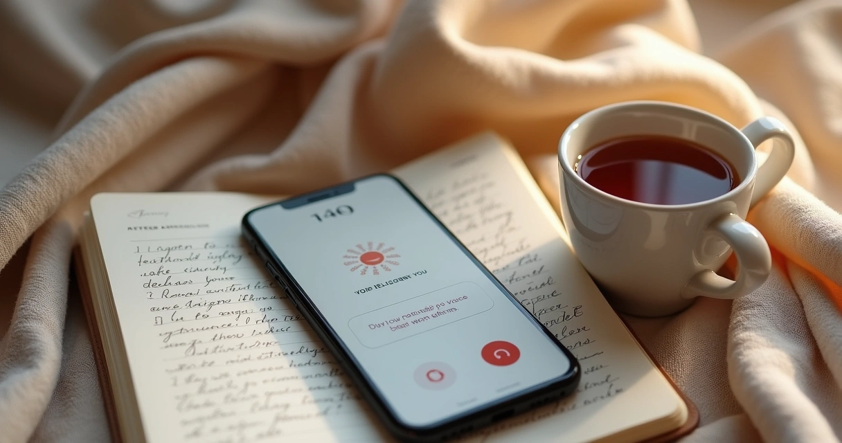 Celular com mensagem de áudio astrológica ao lado de caderno e xícara 