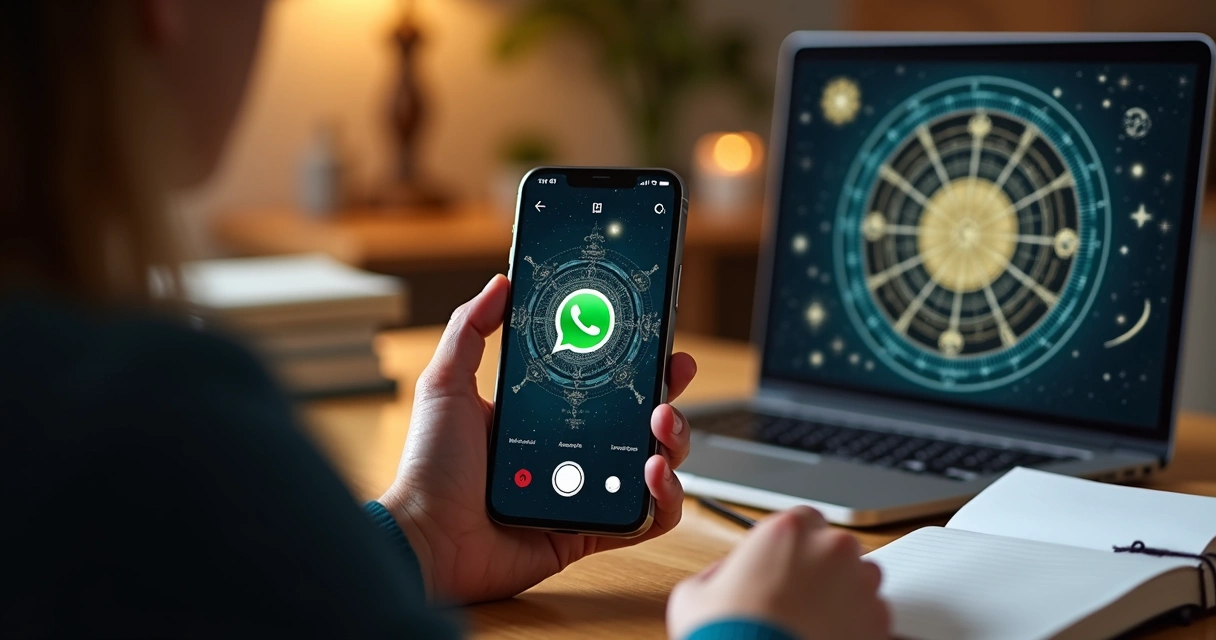 Atendente digitando uma mensagem de áudio no WhatsApp ao lado de um mapa astral em tela 