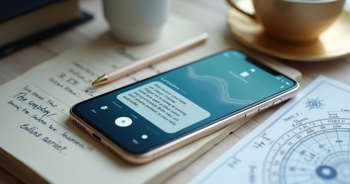 Celular com áudio astrológico e anotações 