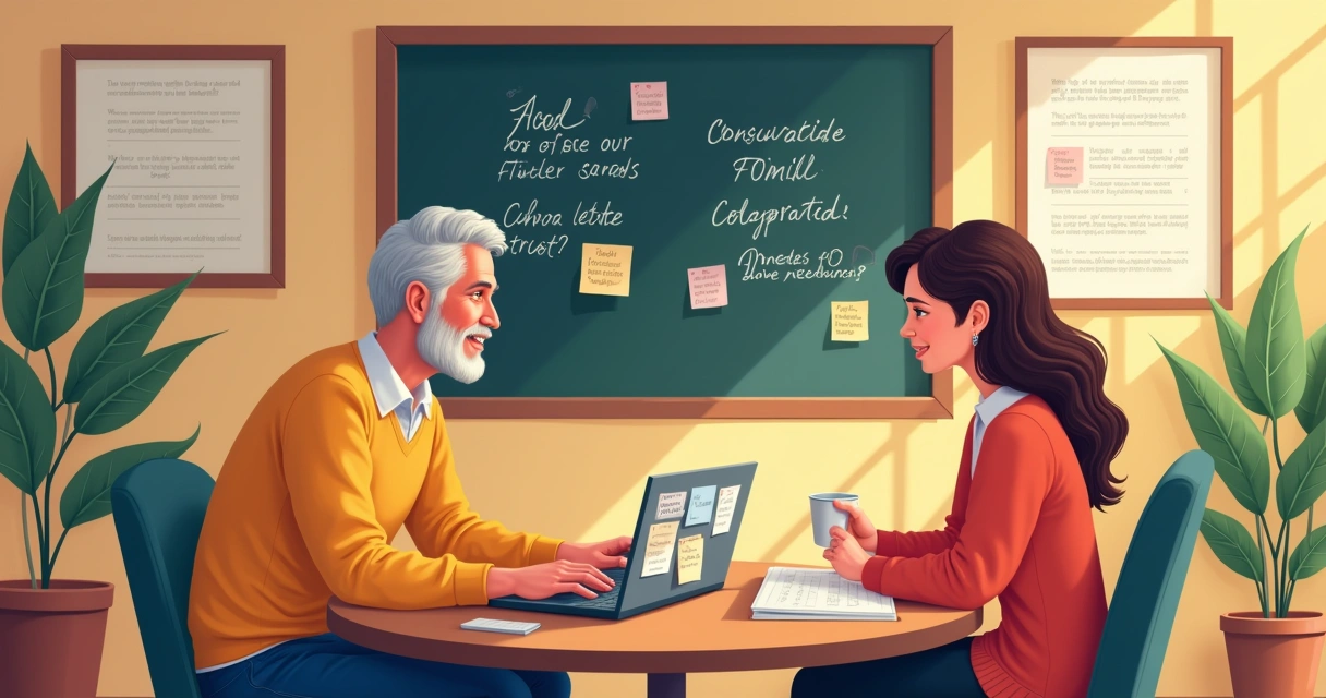 Espaço de consulta acolhedor com representante e cliente discutindo necessidades e metas.