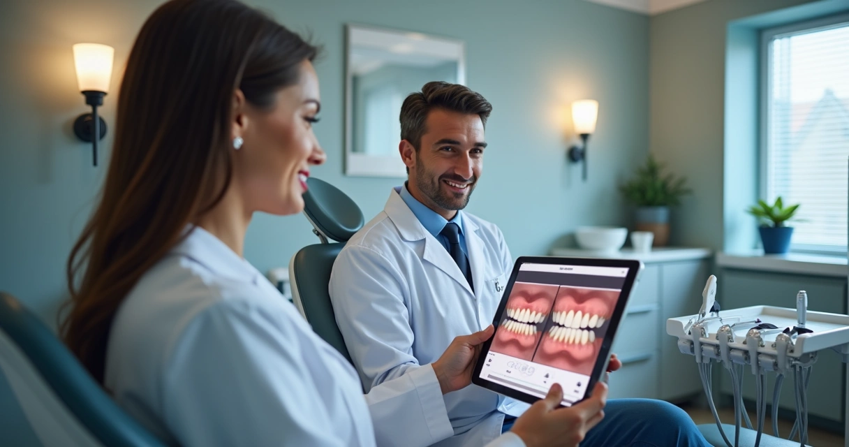 Dentista realizando avaliação de sorriso em paciente 