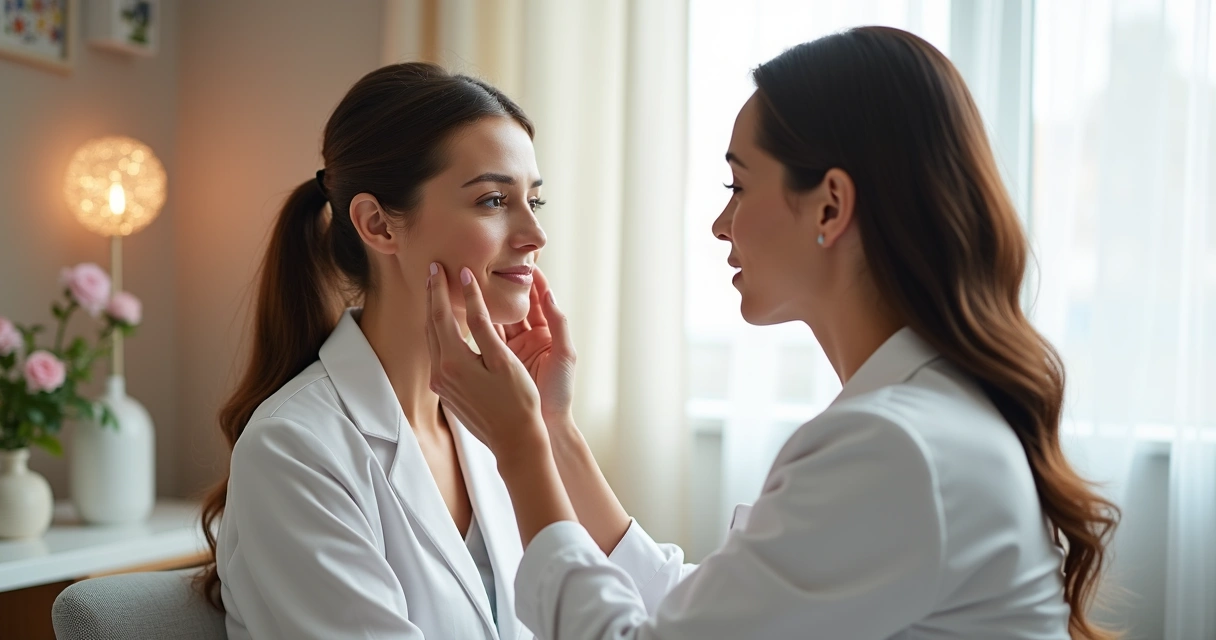 Profissional avaliando estrutura facial de paciente em consultório aconchegante 