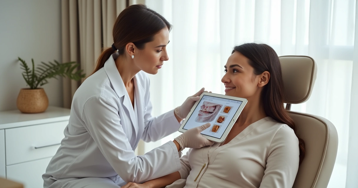 Médica avaliando mandíbula de paciente em clínica moderna