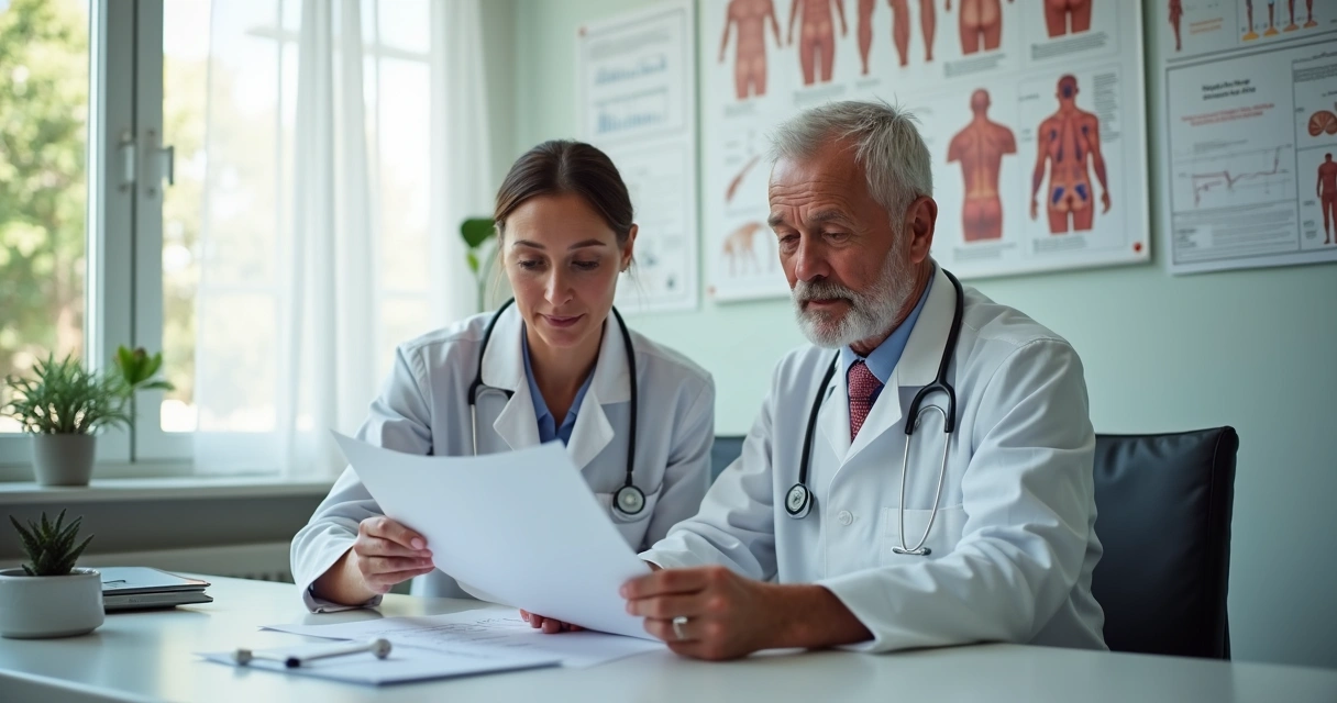 Médica analisando exames ao lado de paciente em consultório 