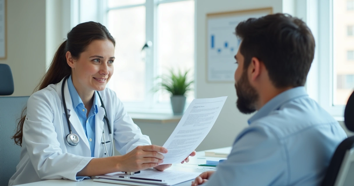 Médico conversando com paciente, exame em consultório