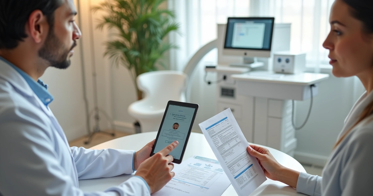 Profissional de saúde analisando exames com paciente em consultório moderno