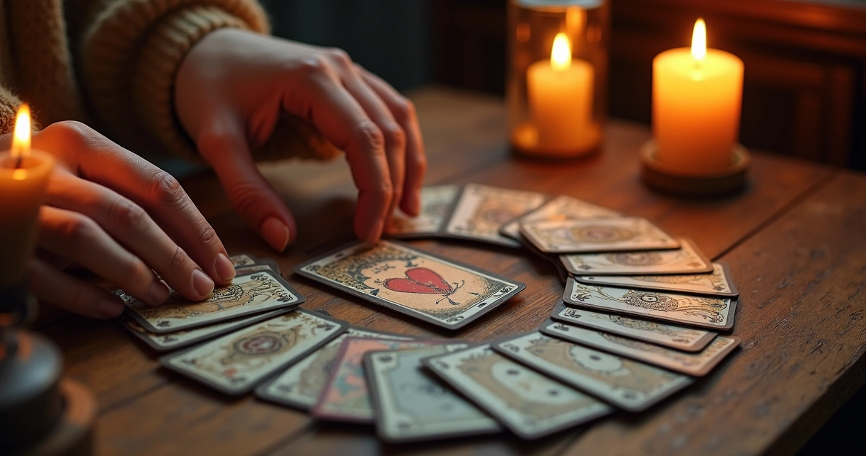 Consulta de baralho cigano feita em um ambiente calmo com velas e cartas dispostas na mesa 