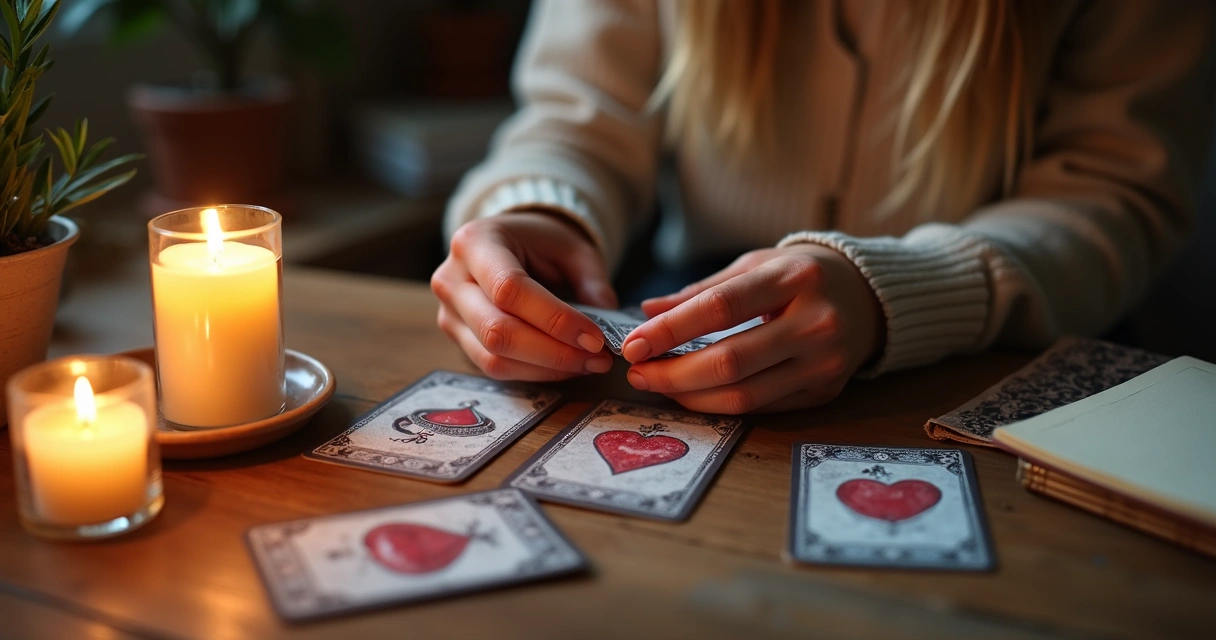 Mulher embaralhando cartas do baralho cigano pensando em amor 
