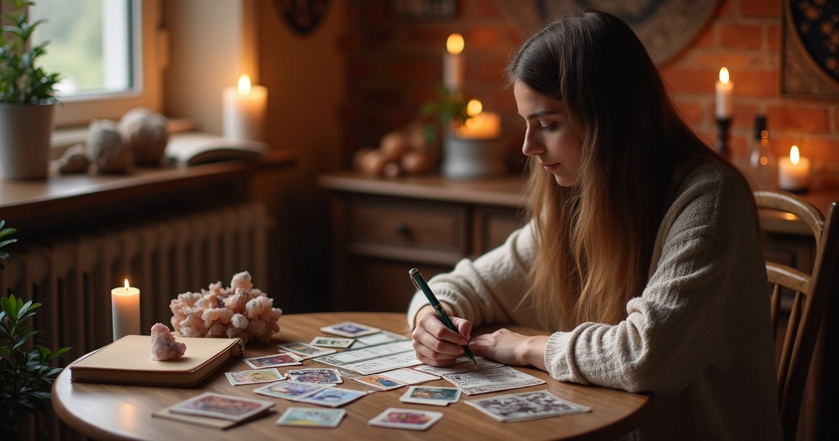 Consultora de baralho cigano analisando cartas para bloqueios do amor 