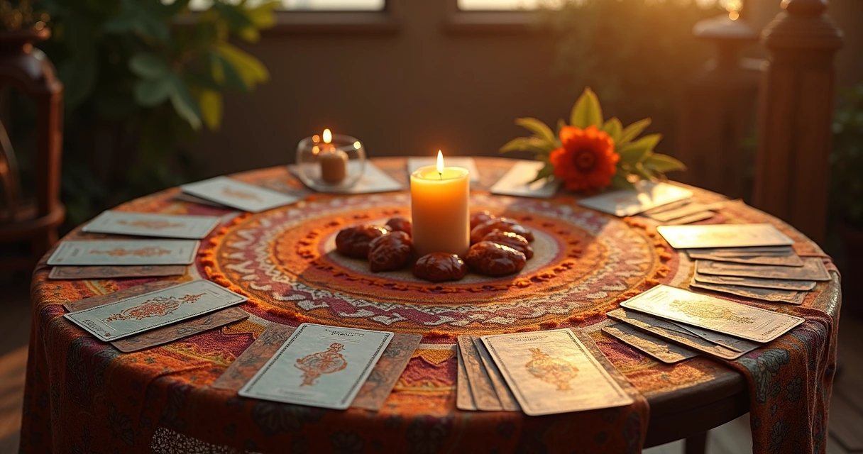 Mesa preparada para consulta, cartas ciganas, velas acesas e flores ao lado 