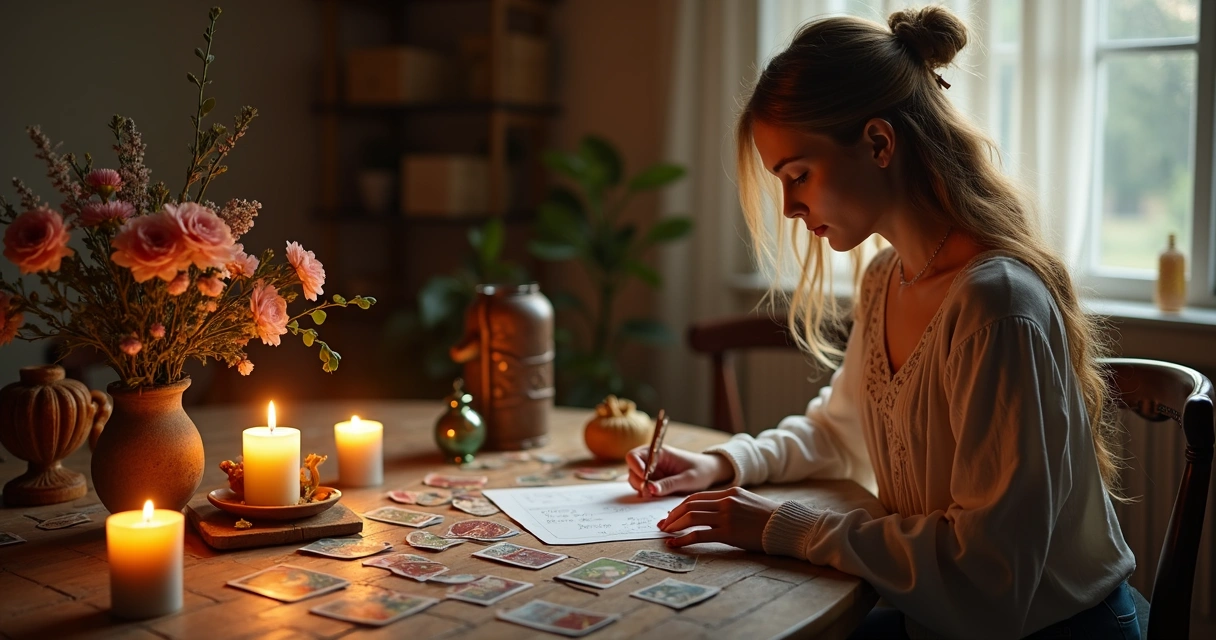 Mulher consultando baralho cigano em ambiente acolhedor, cartas e flores na mesa.