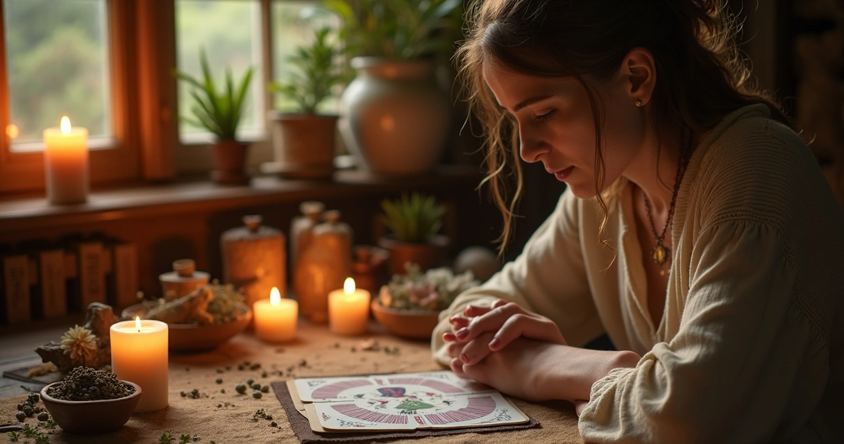 Mulher concentrada consultando baralho cigano em ambiente espiritualizado 