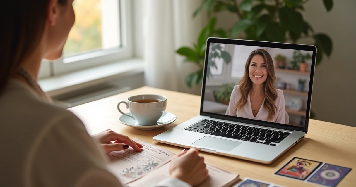Mulher consultando cartas do baralho cigano via notebook com chá ao lado 