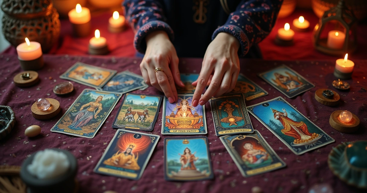 Mesa virtual com cartas do baralho cigano e mãos femininas selecionando uma carta 