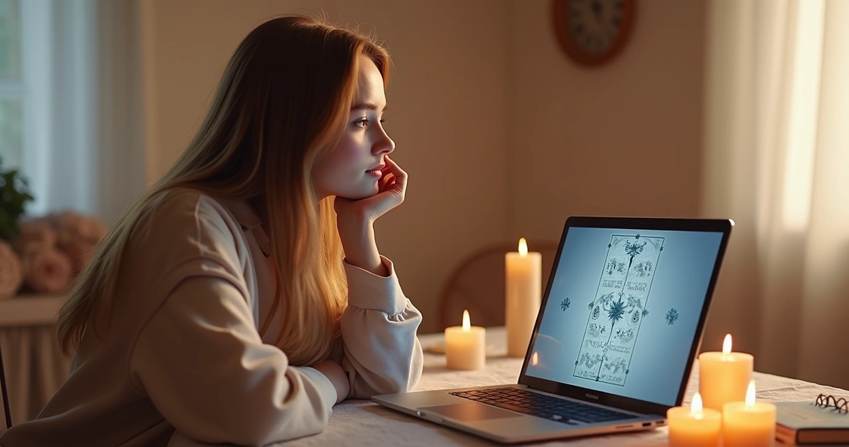 Mulher consultando baralho cigano online no notebook 