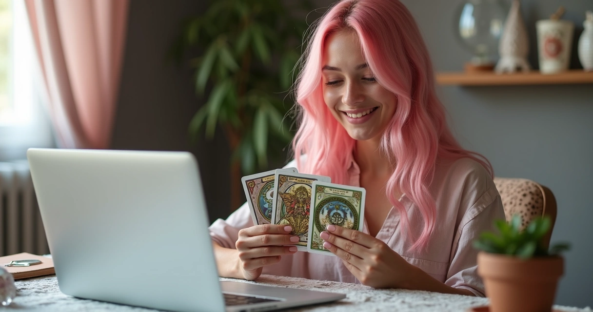 Mulher segurando cartas de baralho cigano em frente a um notebook 
