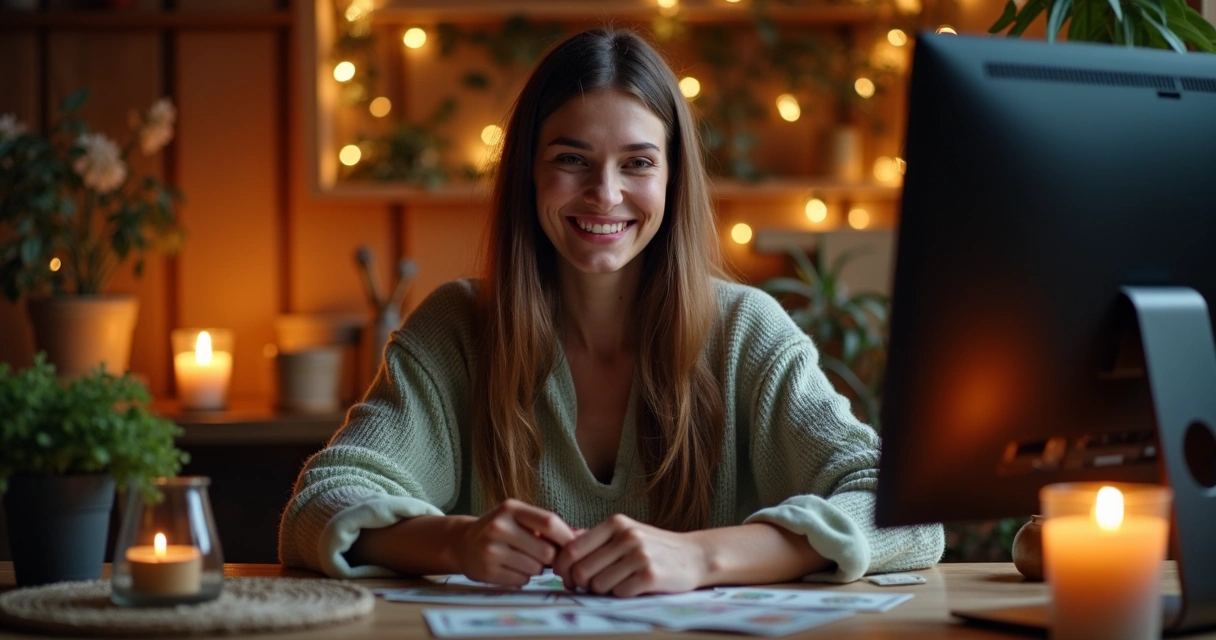 Consulta online de baralho cigano no computador, mulher sorrindo e cartas abertas na mesa 