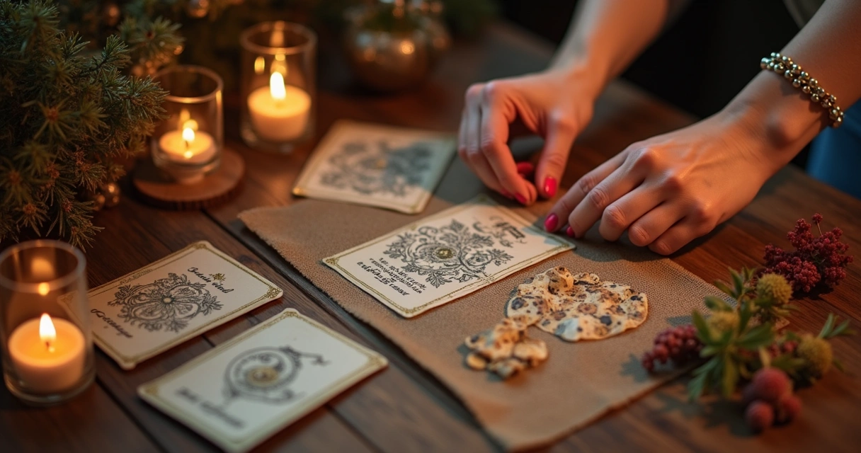Leitura de cartas de baralho cigano com velas e cristais