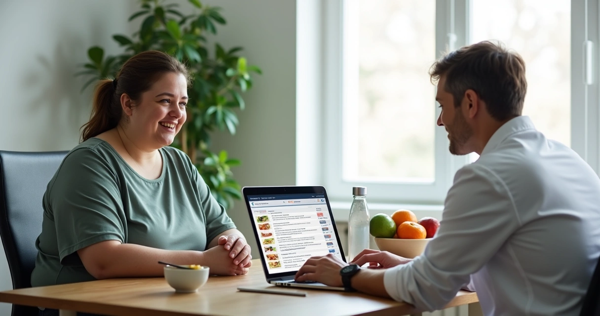 Nutricionista e paciente bariátrico discutindo plano alimentar em frente a notebook e frutas 