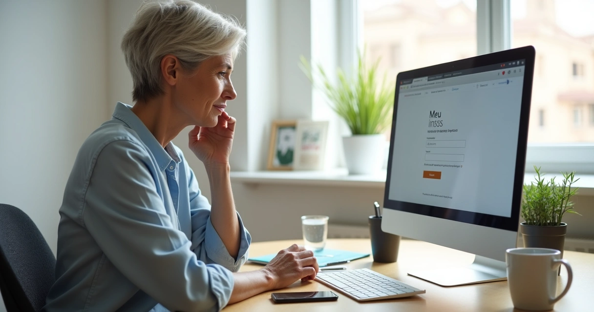Mulher acessando plataforma Meu INSS pelo notebook 
