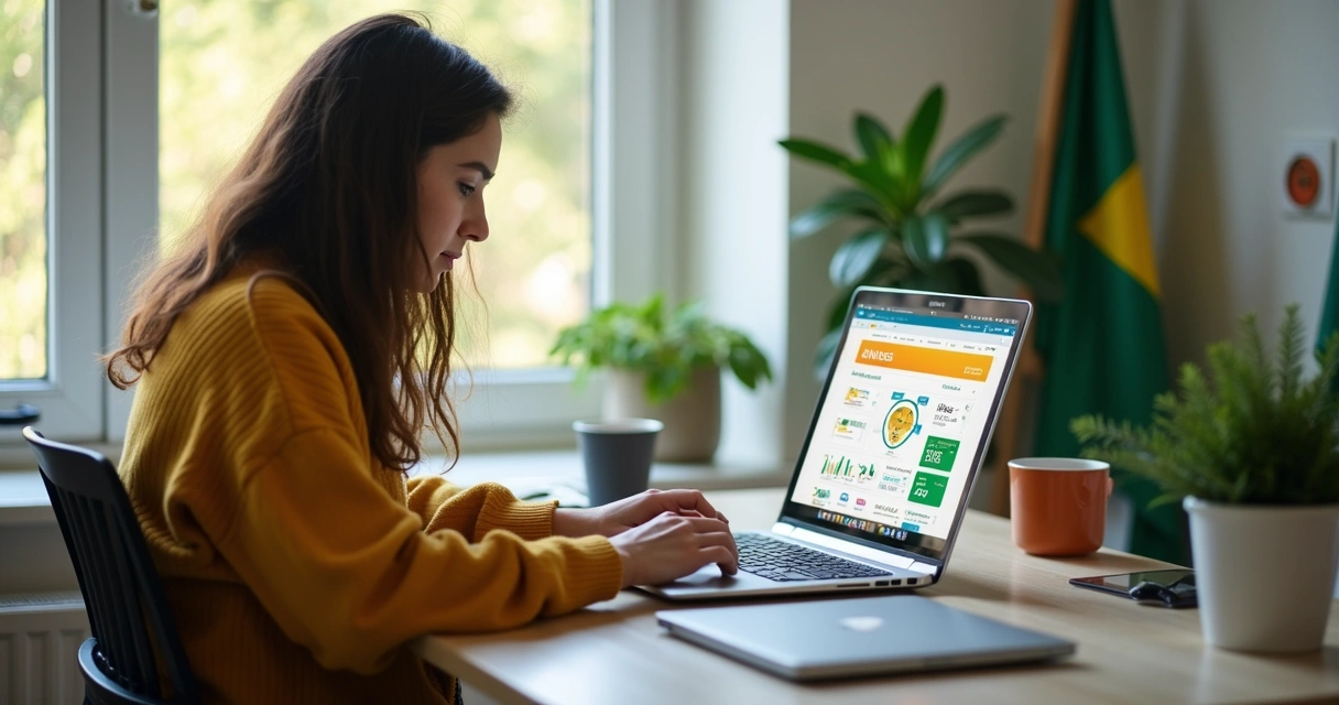 Mulher consultando benefícios sociais em notebook no site do INSS, com tela exibindo dados do benefício