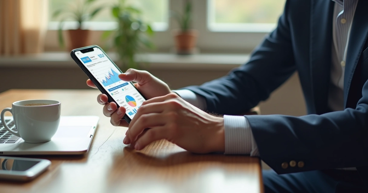 Empresário consultando relatórios financeiros pelo celular 