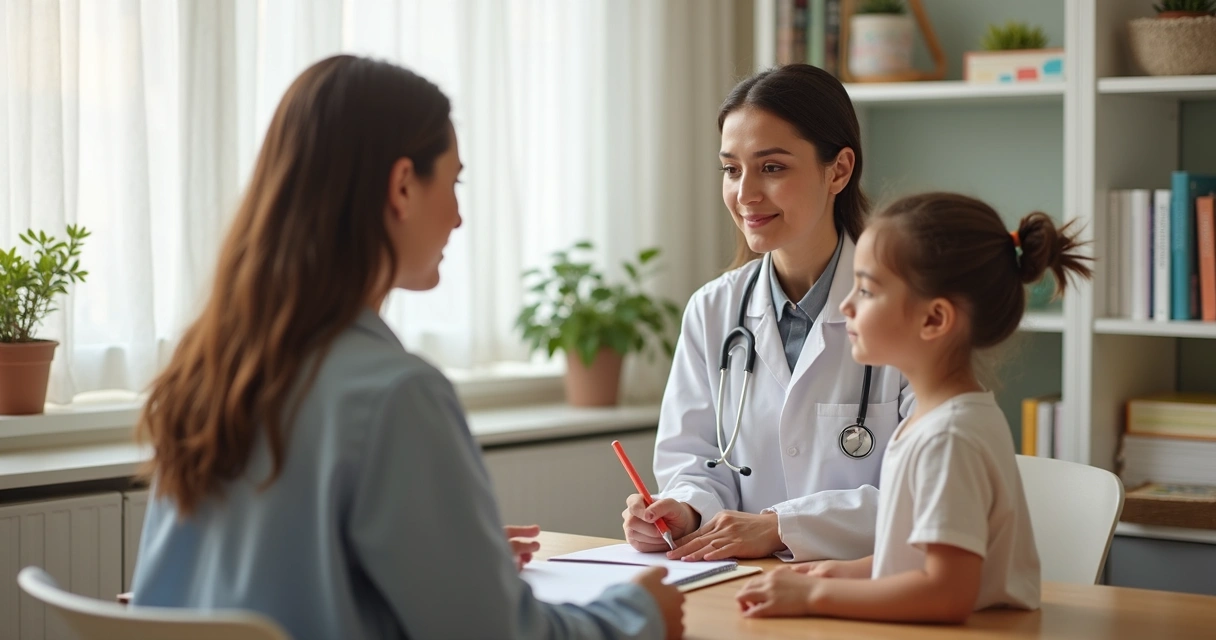Profissional de saúde conversando com família em consulta bilíngue