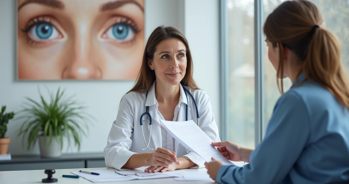 Médica entrega documento para paciente em consultório de oftalmologia 