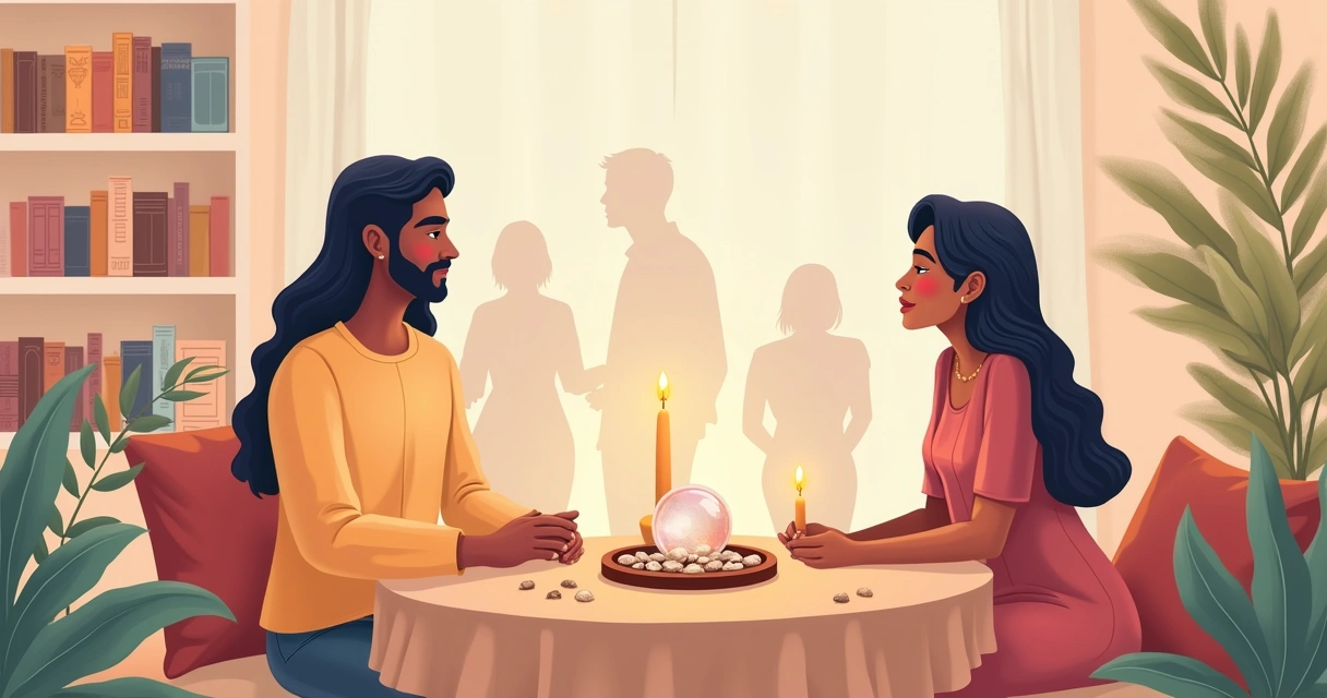 Consulta com búzios em um ambiente acolhedor, mostrando búzios, velas e um cristal, transmitindo paz e confiança.