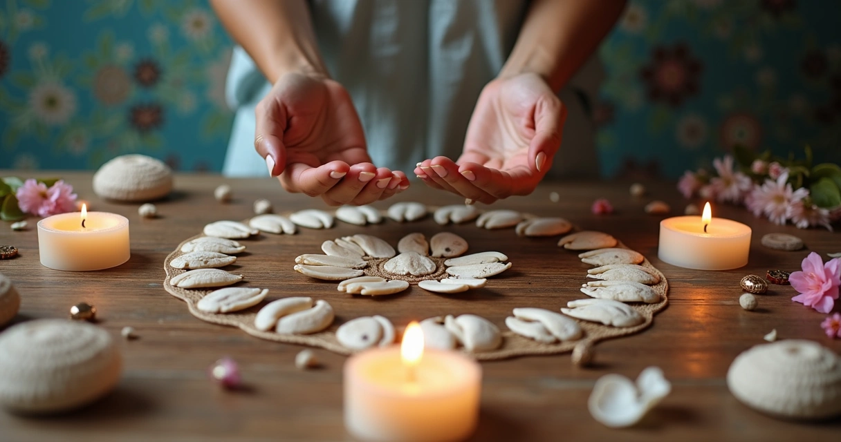 Mesa de jogo de búzios com mãos femininas e símbolos espirituais 