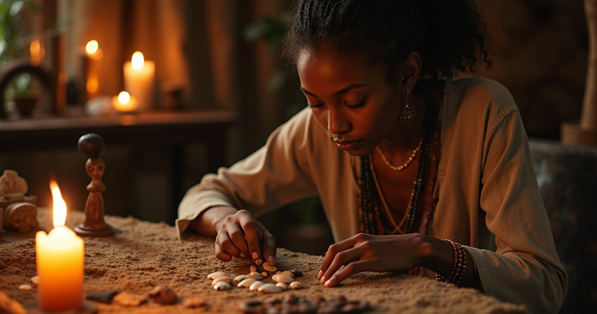 Pessoa concentrada em consulta espiritual com búzios, com altar ao fundo 
