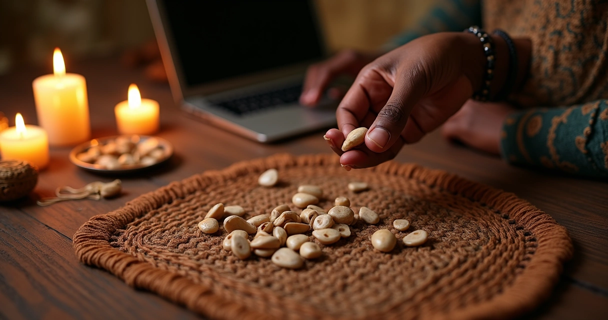 Consultor interpreta jogo de búzios tradicional sobre mesa com laptop ao lado 